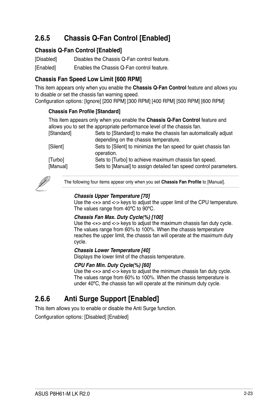 5 chassis q-fan control [enabled, 6 anti surge support [enabled, Chassis q-fan control [enabled] -23 | Anti surge support [enabled] -23 | Asus P8H61-M LK R2.0 User Manual | Page 61 / 73