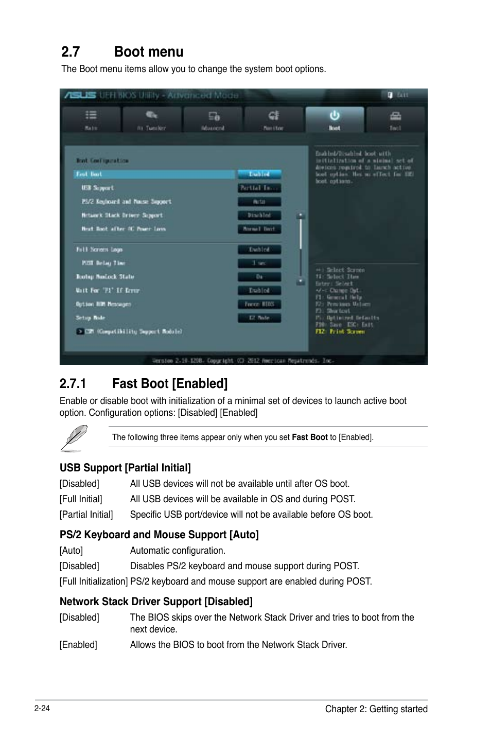 7 boot menu, 1 fast boot [enabled, Boot menu -24 2.7.1 | Fast boot [enabled] -24 | Asus P8H61-M LK R2.0 User Manual | Page 62 / 73