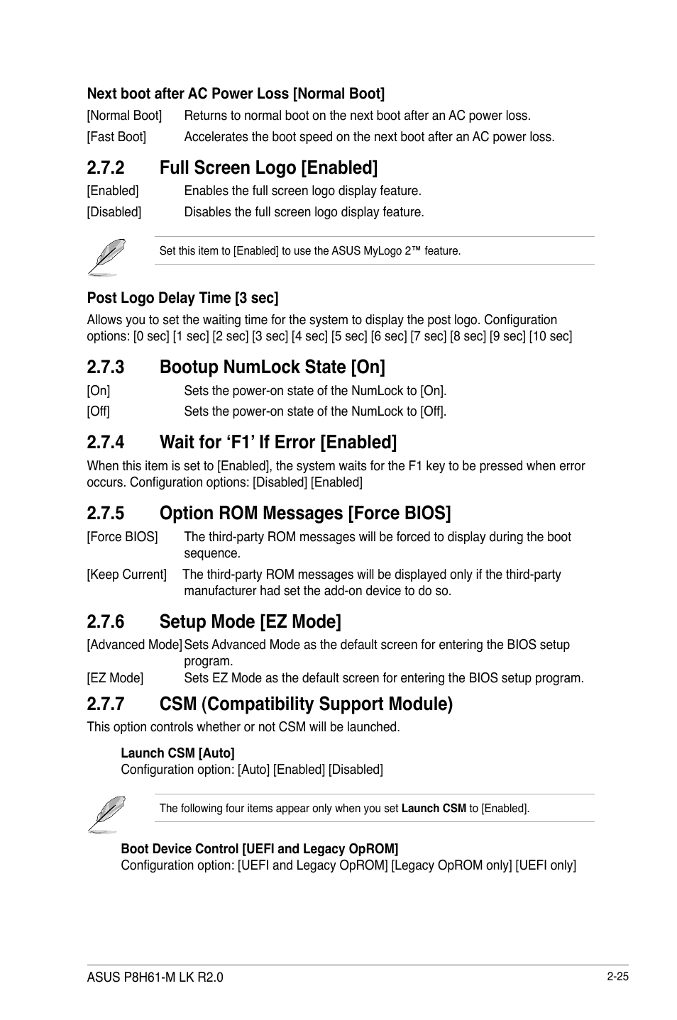2 full screen logo [enabled, 3 bootup numlock state [on, 4 wait for ‘f1’ if error [enabled | 5 option rom messages [force bios, 6 setup mode [ez mode, 7 csm (compatibility support module), Full screen logo [enabled] -25, Bootup numlock state [on] -25, Wait for ‘f1’ if error [enabled] -25, Option rom messages [force bios] -25 | Asus P8H61-M LK R2.0 User Manual | Page 63 / 73