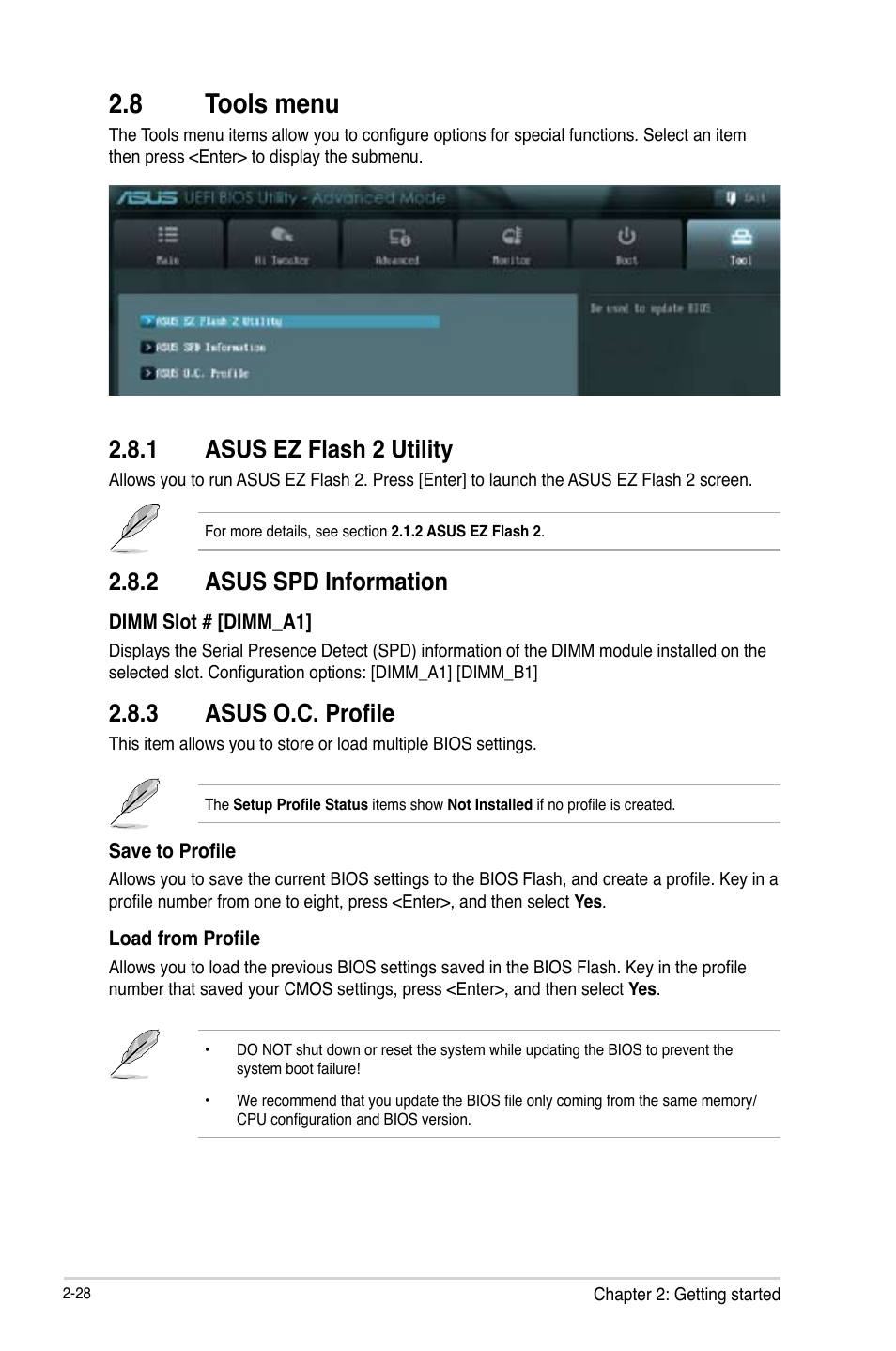 8 tools menu, 1 asus ez flash 2 utility, 2 asus spd information | 3 asus o.c. profile, Tools menu -28 2.8.1, Asus ez flash 2 utility -28, Asus spd information -28, Asus o.c. profile -28 | Asus P8H61-M LK R2.0 User Manual | Page 66 / 73