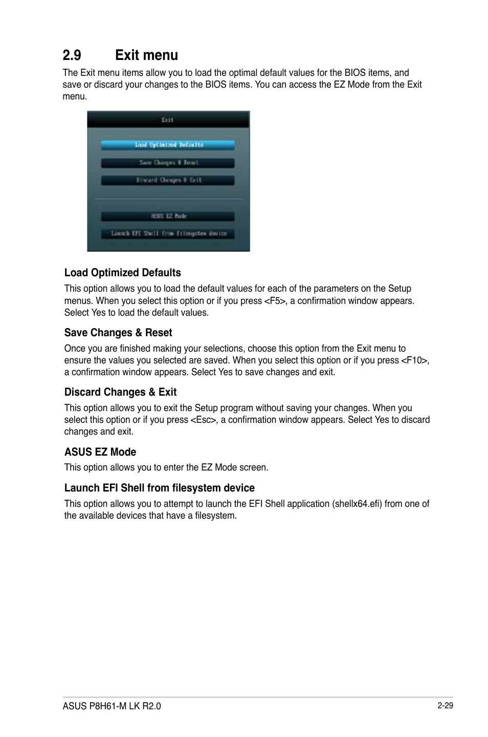 9 exit menu, Exit menu -29 | Asus P8H61-M LK R2.0 User Manual | Page 67 / 73