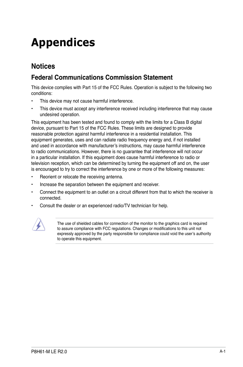 Appendices, Notices, Federal communications commission statement | Asus P8H61-M LK R2.0 User Manual | Page 69 / 73