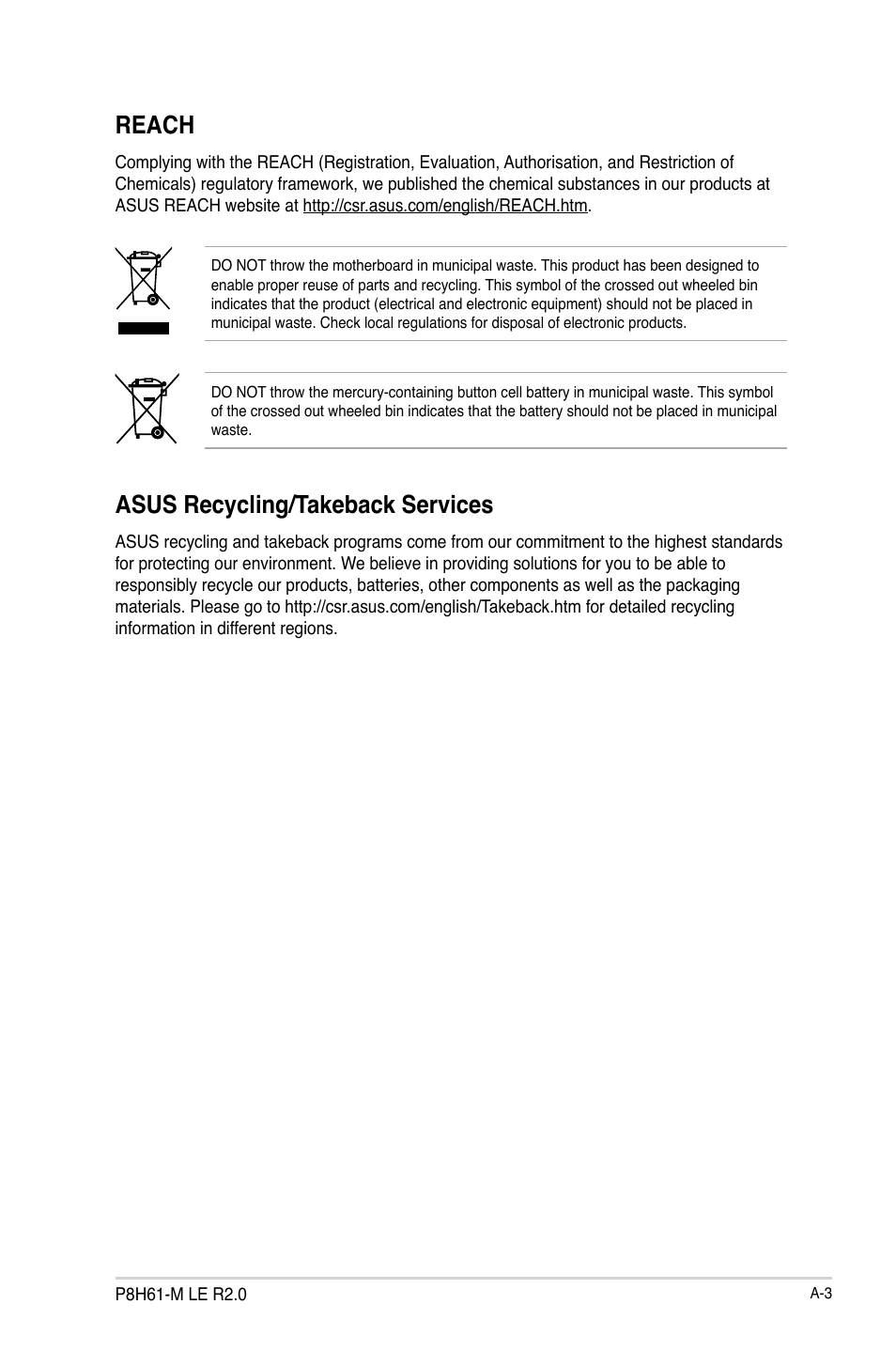 Reach, Asus recycling/takeback services | Asus P8H61-M LK R2.0 User Manual | Page 71 / 73