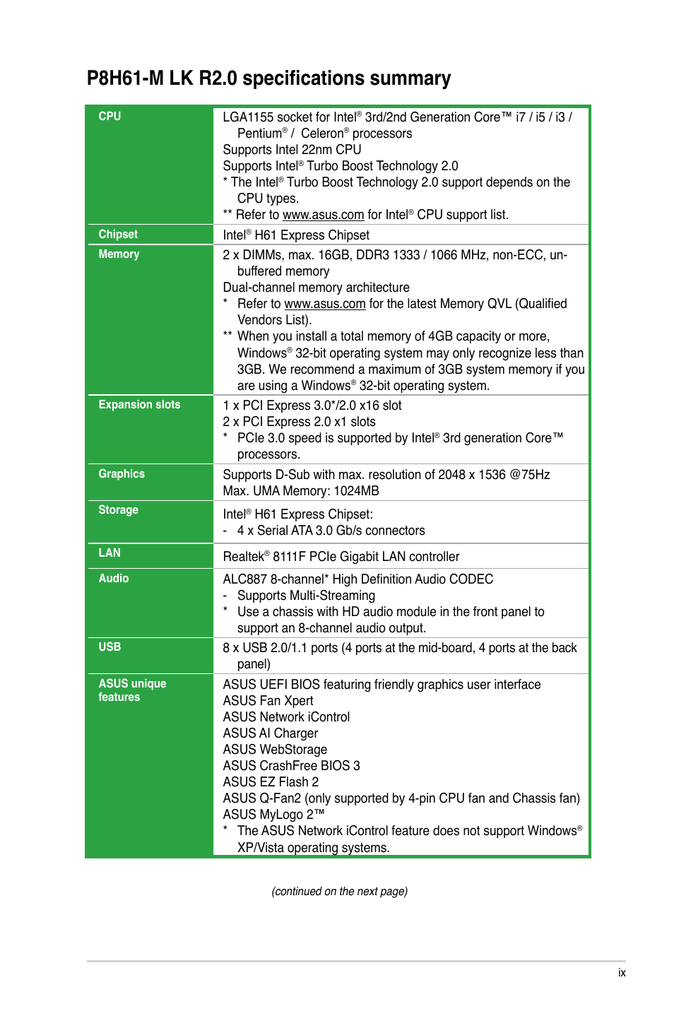 P8h61-m lk r2.0 specifications summary | Asus P8H61-M LK R2.0 User Manual | Page 9 / 73