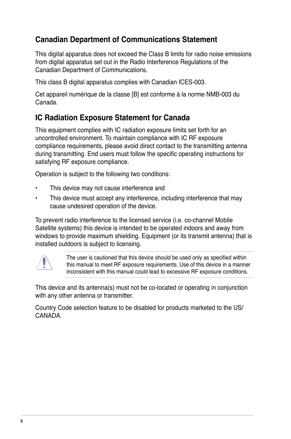 Ic radiation exposure statement for canada, Canadian department of communications statement | Asus Maximus IV GENE-Z/GEN3 User Manual | Page 10 / 192