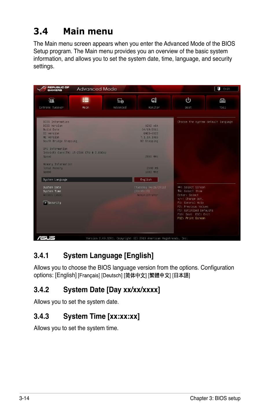 4 main menu, 1 system language [english, 2 system date [day xx/xx/xxxx | 3 system time [xx:xx:xx, Main menu -14 3.4.1, System language [english] -14, System date [day xx/xx/xxxx] -14, System time [xx:xx:xx] -14 | Asus Maximus IV GENE-Z/GEN3 User Manual | Page 102 / 192