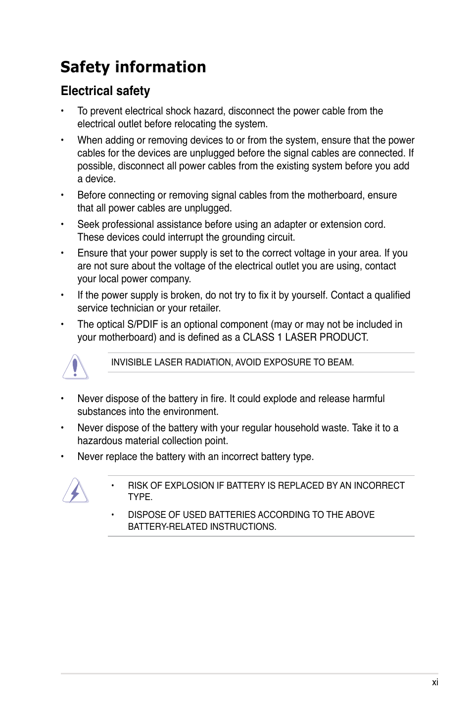 Safety information, Electrical safety | Asus Maximus IV GENE-Z/GEN3 User Manual | Page 11 / 192
