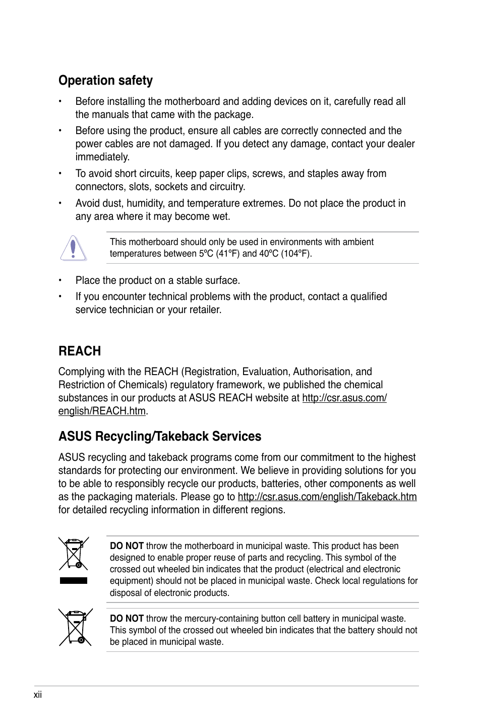 Operation safety, Reach, Asus recycling/takeback services | Asus Maximus IV GENE-Z/GEN3 User Manual | Page 12 / 192