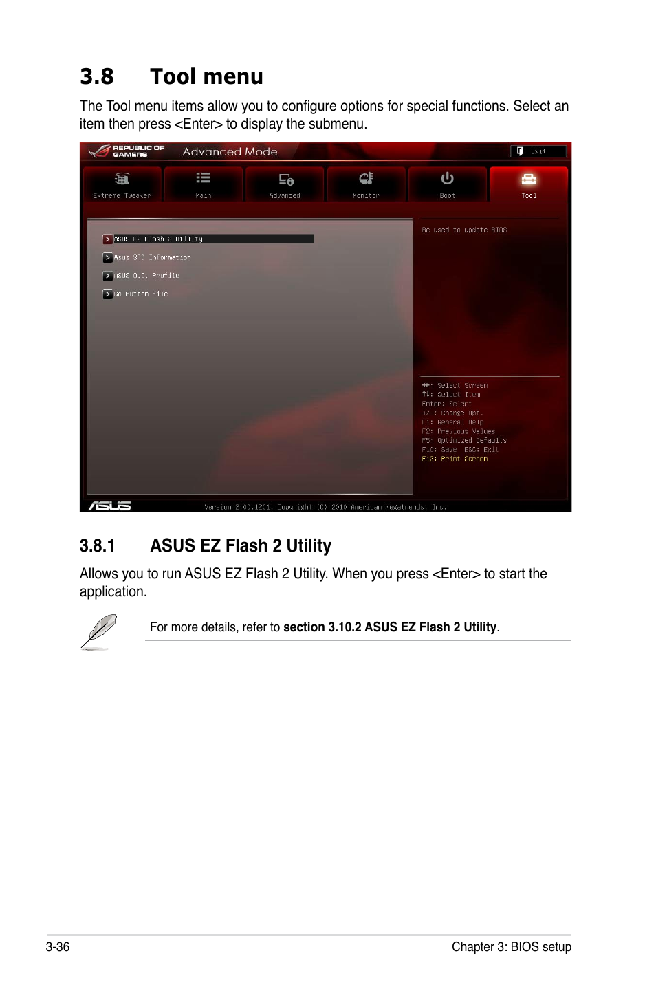 8 tool menu, 1 asus ez flash 2 utility, Tool menu -36 3.8.1 | Asus ez flash 2 utility -36 | Asus Maximus IV GENE-Z/GEN3 User Manual | Page 124 / 192