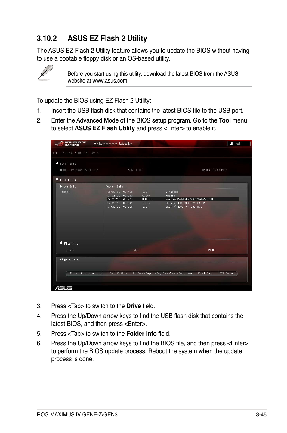 2 asus ez flash 2 utility, 2 asus ez flash 2 utility -45 | Asus Maximus IV GENE-Z/GEN3 User Manual | Page 133 / 192