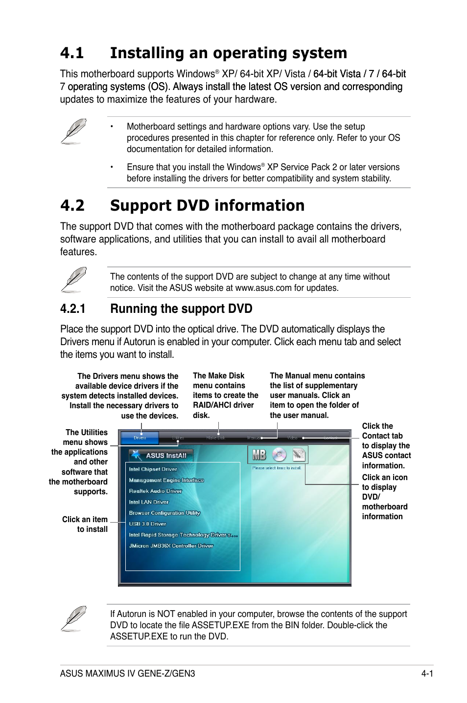 1 installing an operating system, 2 support dvd information, 1 running the support dvd | Installing an operating system -1, Support dvd information -1 4.2.1, Running the support dvd -1 | Asus Maximus IV GENE-Z/GEN3 User Manual | Page 141 / 192
