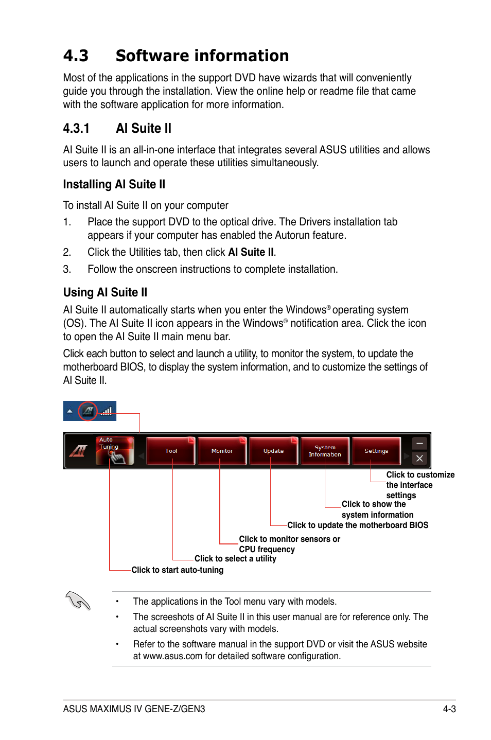 3 software information, 1 ai suite ii, Software information -3 4.3.1 | Ai suite ii -3, Installing ai suite ii, Using ai suite ii | Asus Maximus IV GENE-Z/GEN3 User Manual | Page 143 / 192