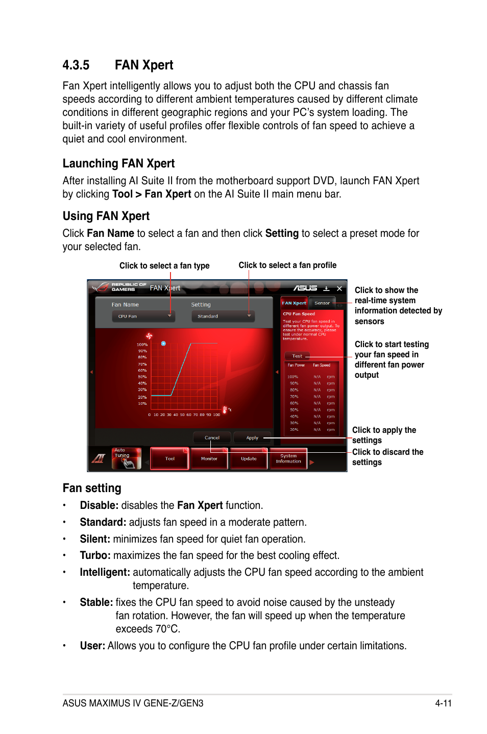 5 fan xpert, Fan xpert -11, Launching fan xpert | Fan setting, Using fan xpert | Asus Maximus IV GENE-Z/GEN3 User Manual | Page 151 / 192
