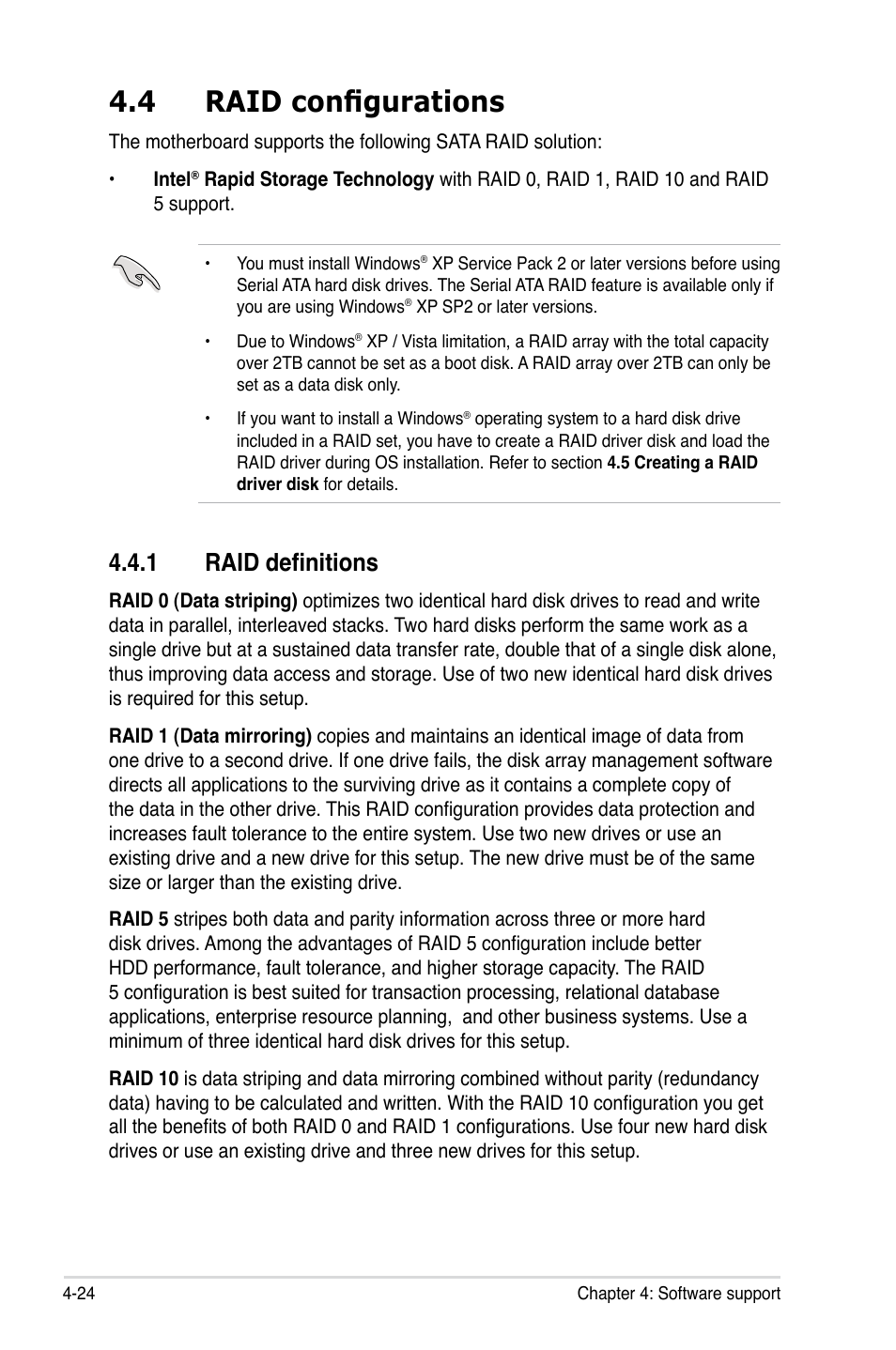 4 raid configurations, 1 raid definitions, Raid configurations -24 4.4.1 | Raid definitions -24, � raid definitions | Asus Maximus IV GENE-Z/GEN3 User Manual | Page 164 / 192