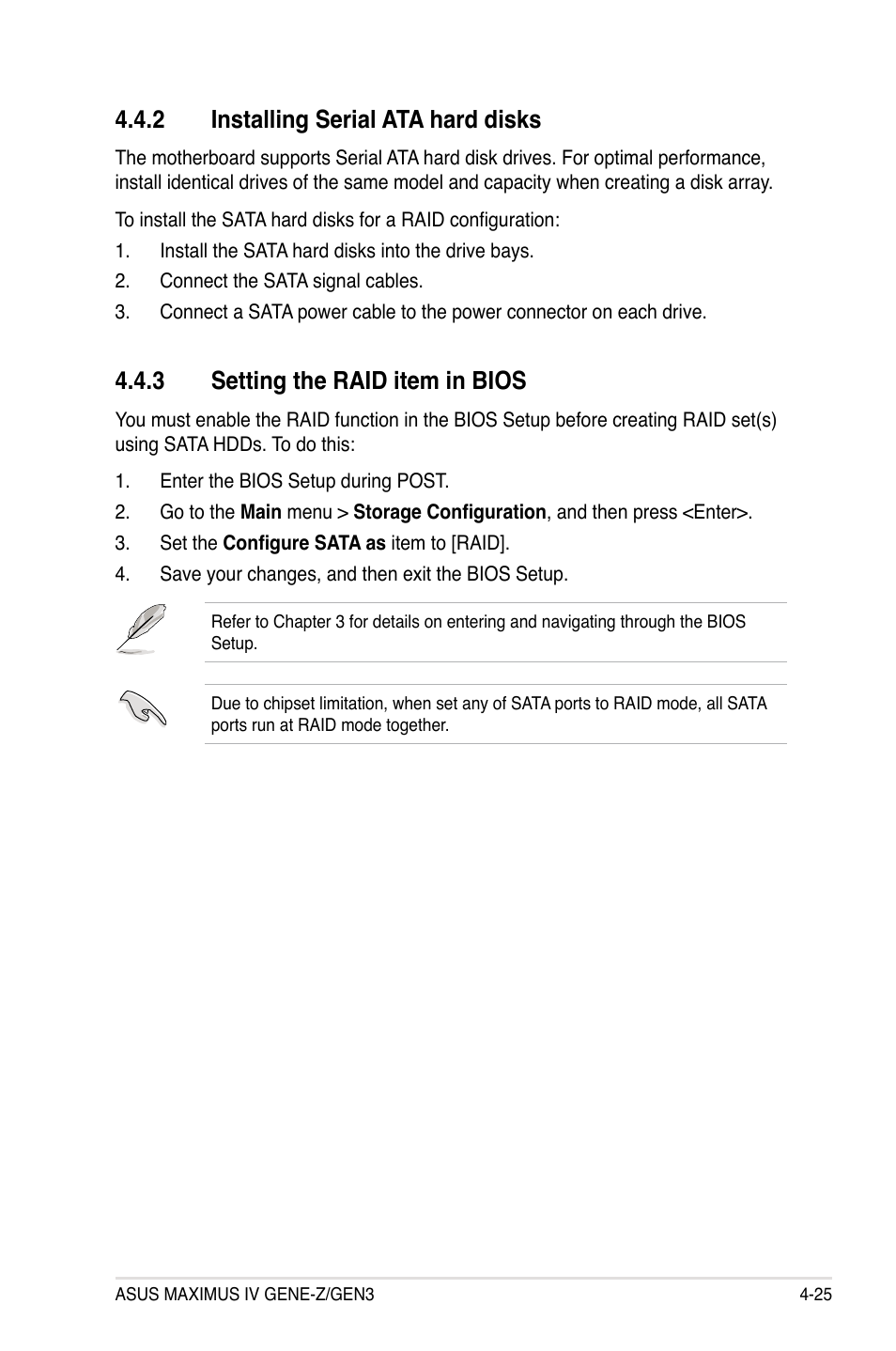 2 installing serial ata hard disks, 3 setting the raid item in bios, Installing serial ata hard disks -25 | Setting the raid item in bios -25 | Asus Maximus IV GENE-Z/GEN3 User Manual | Page 165 / 192