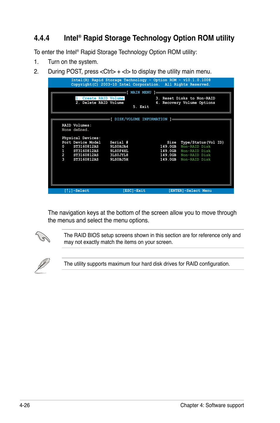 Intel, Rapid storage technology option rom utility -26, 4 intel | Rapid storage technology option rom utility | Asus Maximus IV GENE-Z/GEN3 User Manual | Page 166 / 192