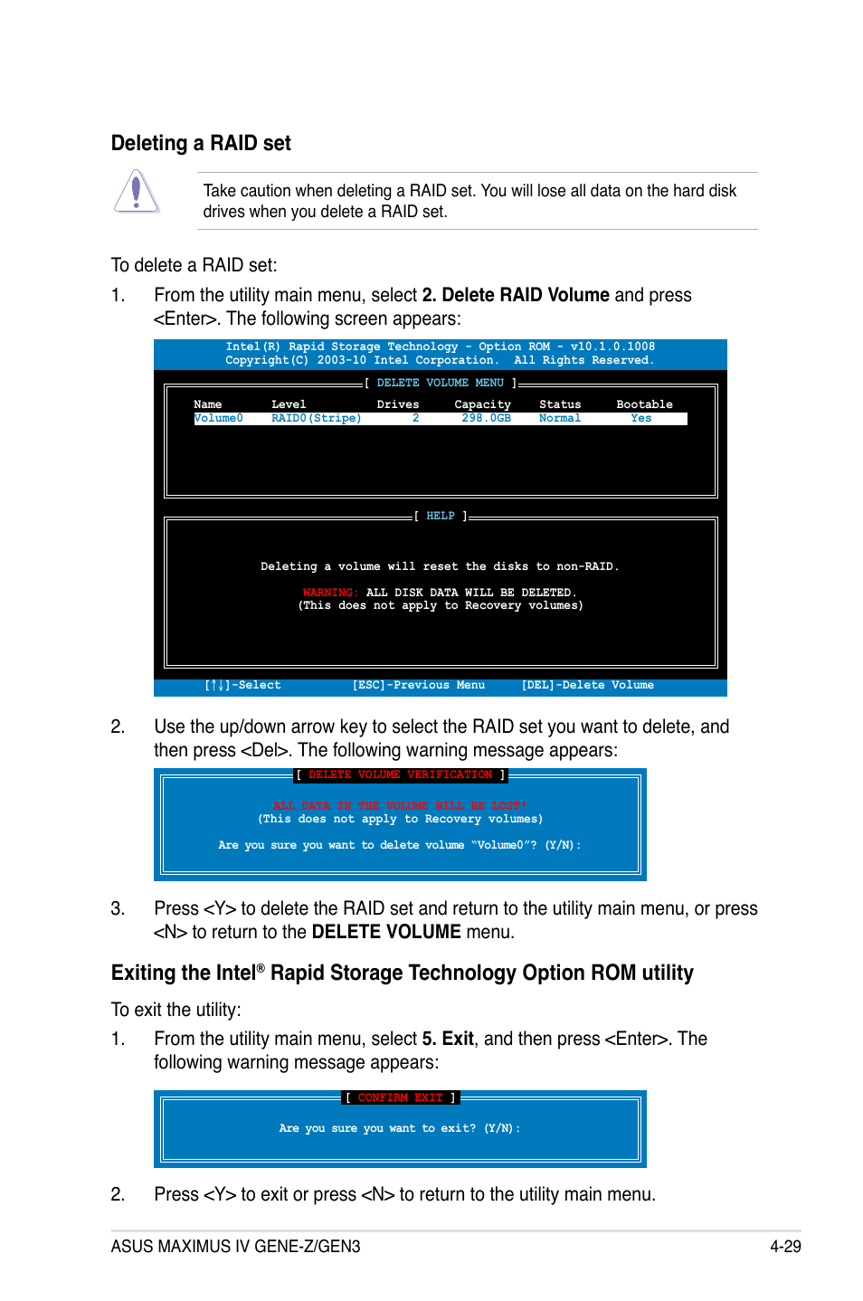 Deleting a raid set, Exiting the intel, Rapid storage technology option rom utility | Asus Maximus IV GENE-Z/GEN3 User Manual | Page 169 / 192
