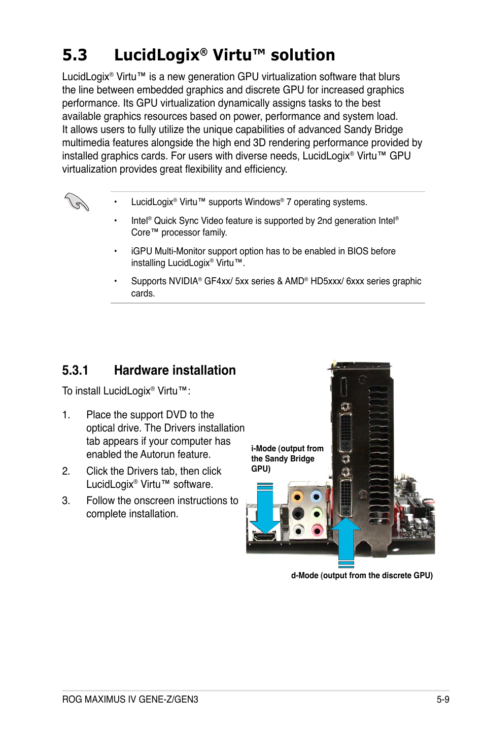 3 lucidlogix® virtu™ solution, 1 hardware installation, Lucidlogix | Virtu™ solution -9, Hardware installation -9, 3 lucidlogix, Virtu™ solution | Asus Maximus IV GENE-Z/GEN3 User Manual | Page 187 / 192