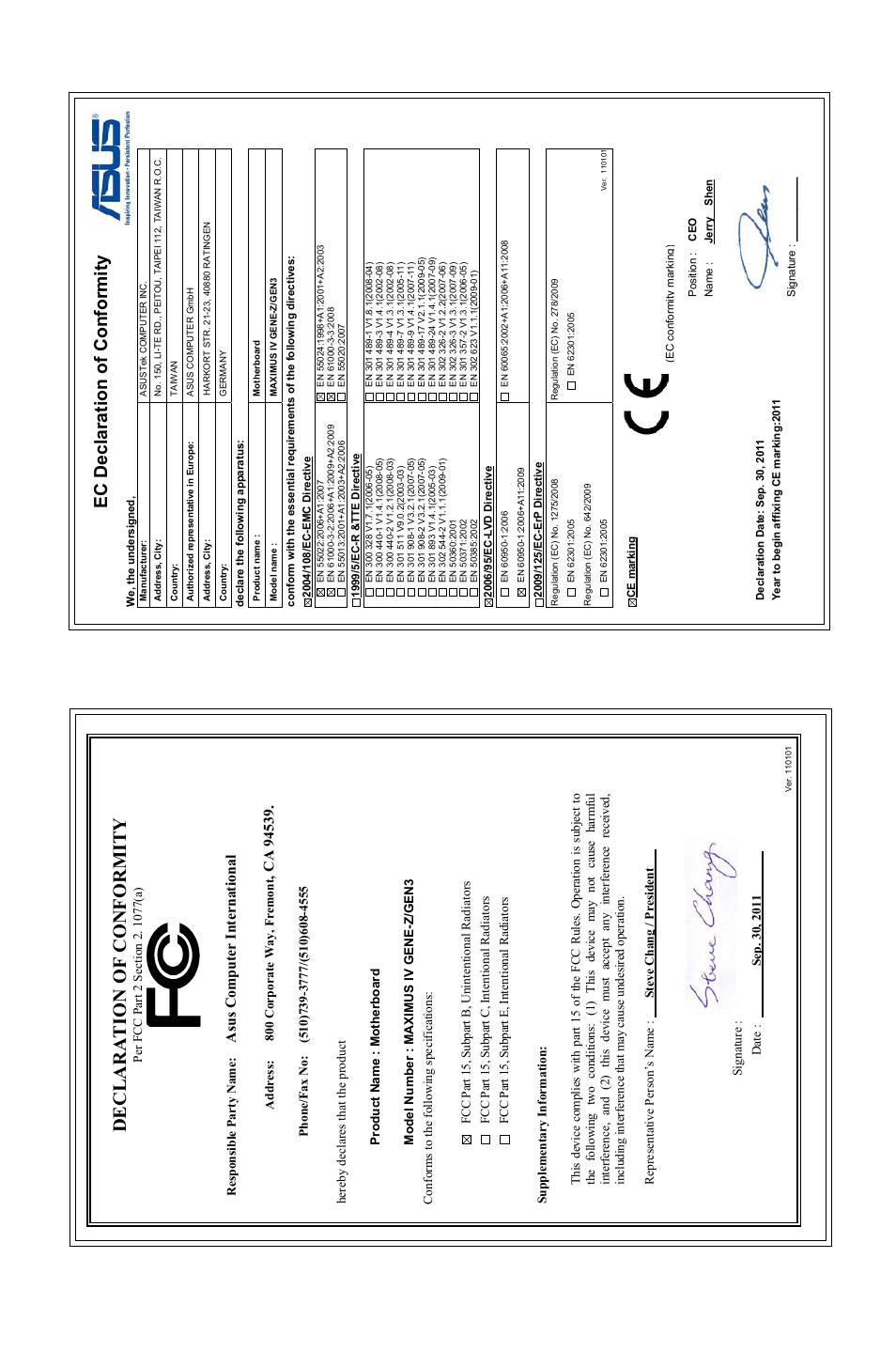 Declaration of conformity, Ec declaration of conformity, Asu s c om pu te r in te rn at io na l | Asus Maximus IV GENE-Z/GEN3 User Manual | Page 192 / 192