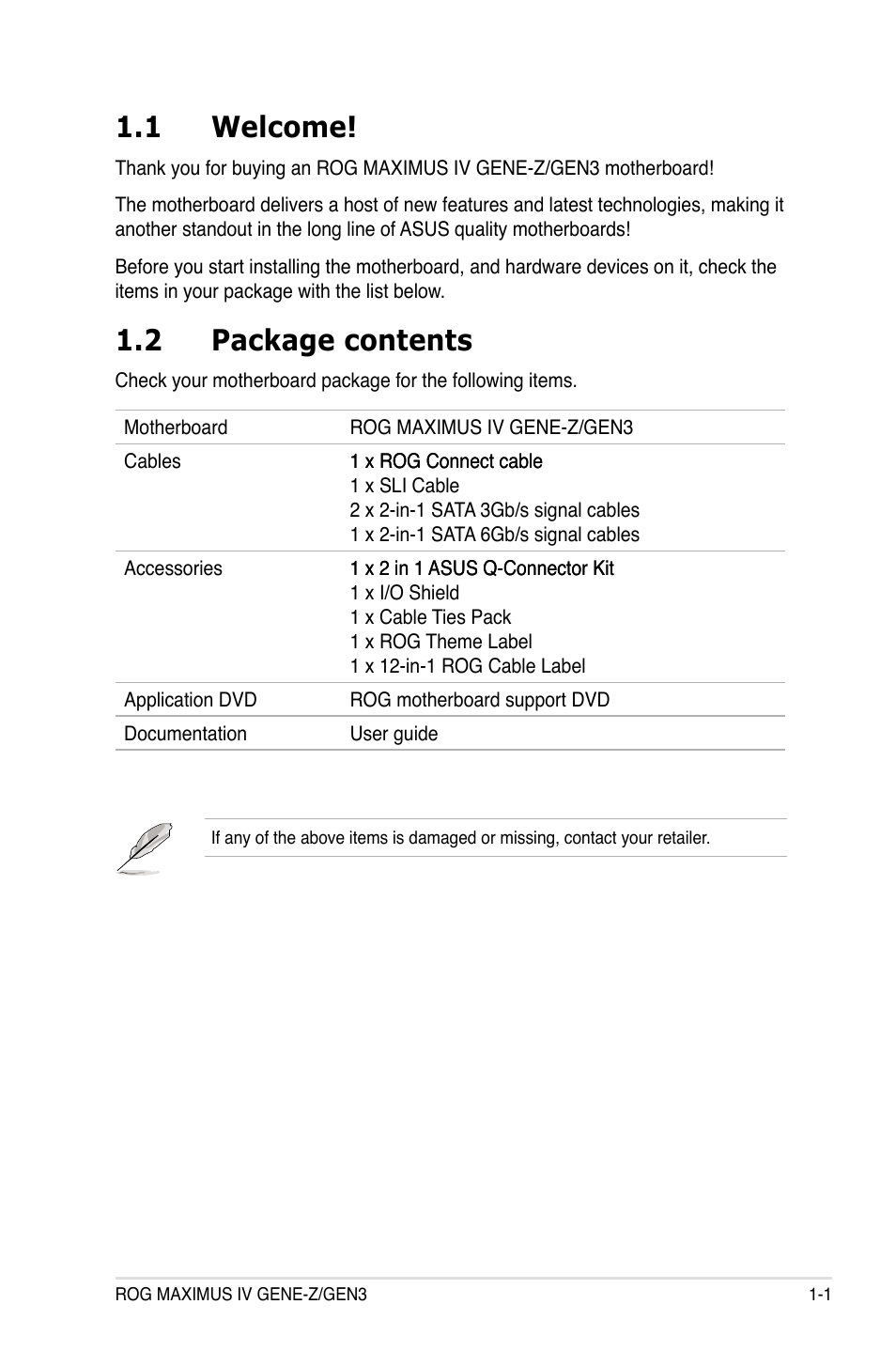 1 welcome, 2 package contents, Welcome! -1 | Package contents -1 | Asus Maximus IV GENE-Z/GEN3 User Manual | Page 21 / 192