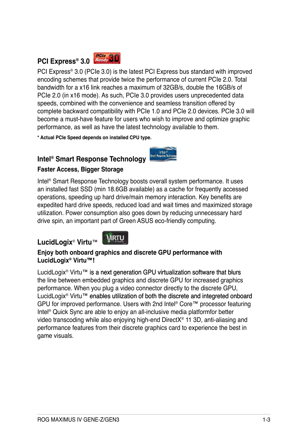 Pci express, Intel, Smart response technology | Lucidlogix, Virtu | Asus Maximus IV GENE-Z/GEN3 User Manual | Page 23 / 192