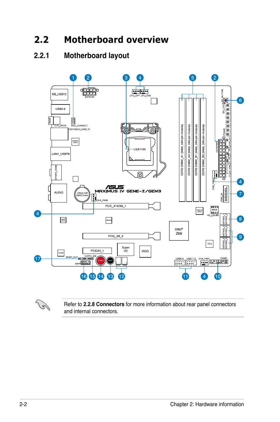 2 motherboard overview, 1 motherboard layout, Motherboard overview -2 2.2.1 | Motherboard layout -2 | Asus Maximus IV GENE-Z/GEN3 User Manual | Page 34 / 192