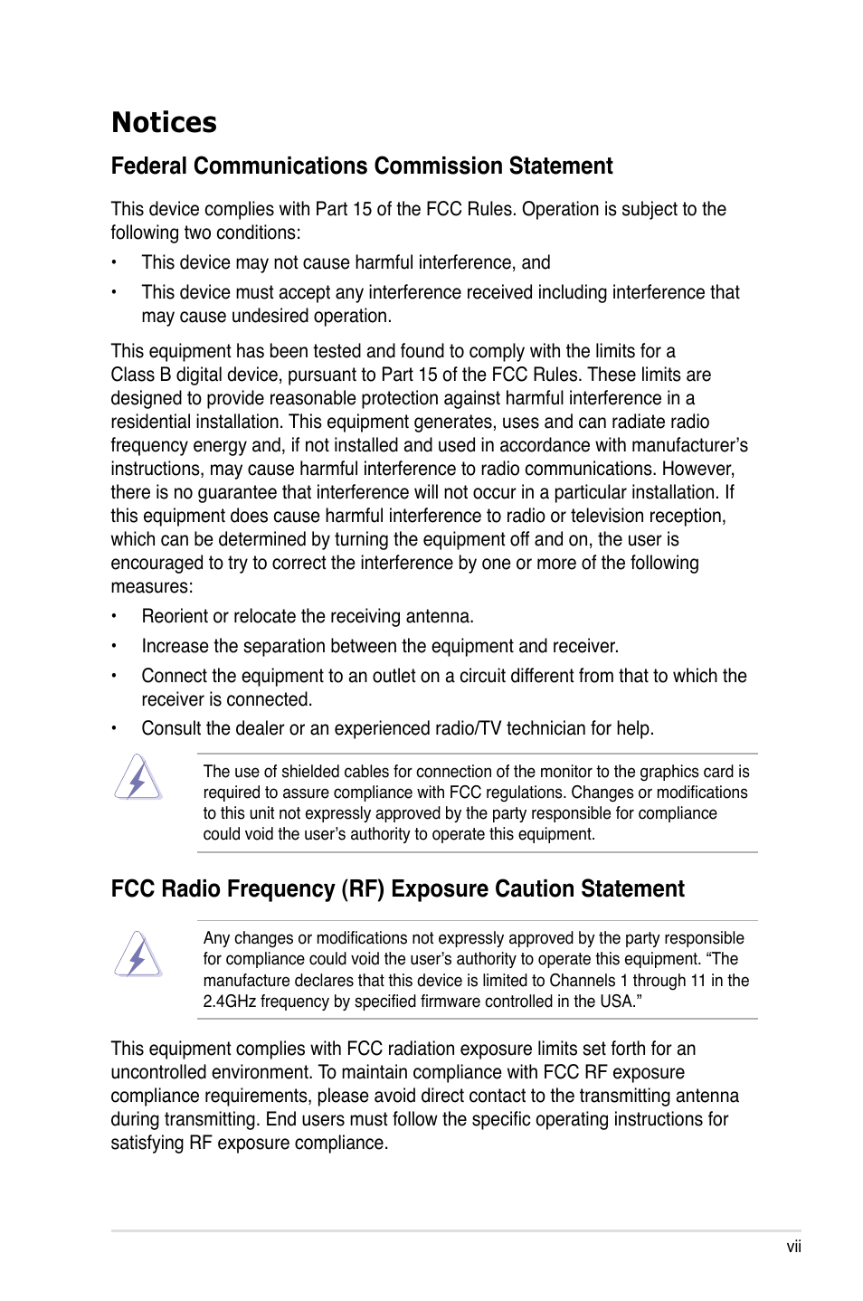 Notices, Federal communications commission statement | Asus Maximus IV GENE-Z/GEN3 User Manual | Page 7 / 192