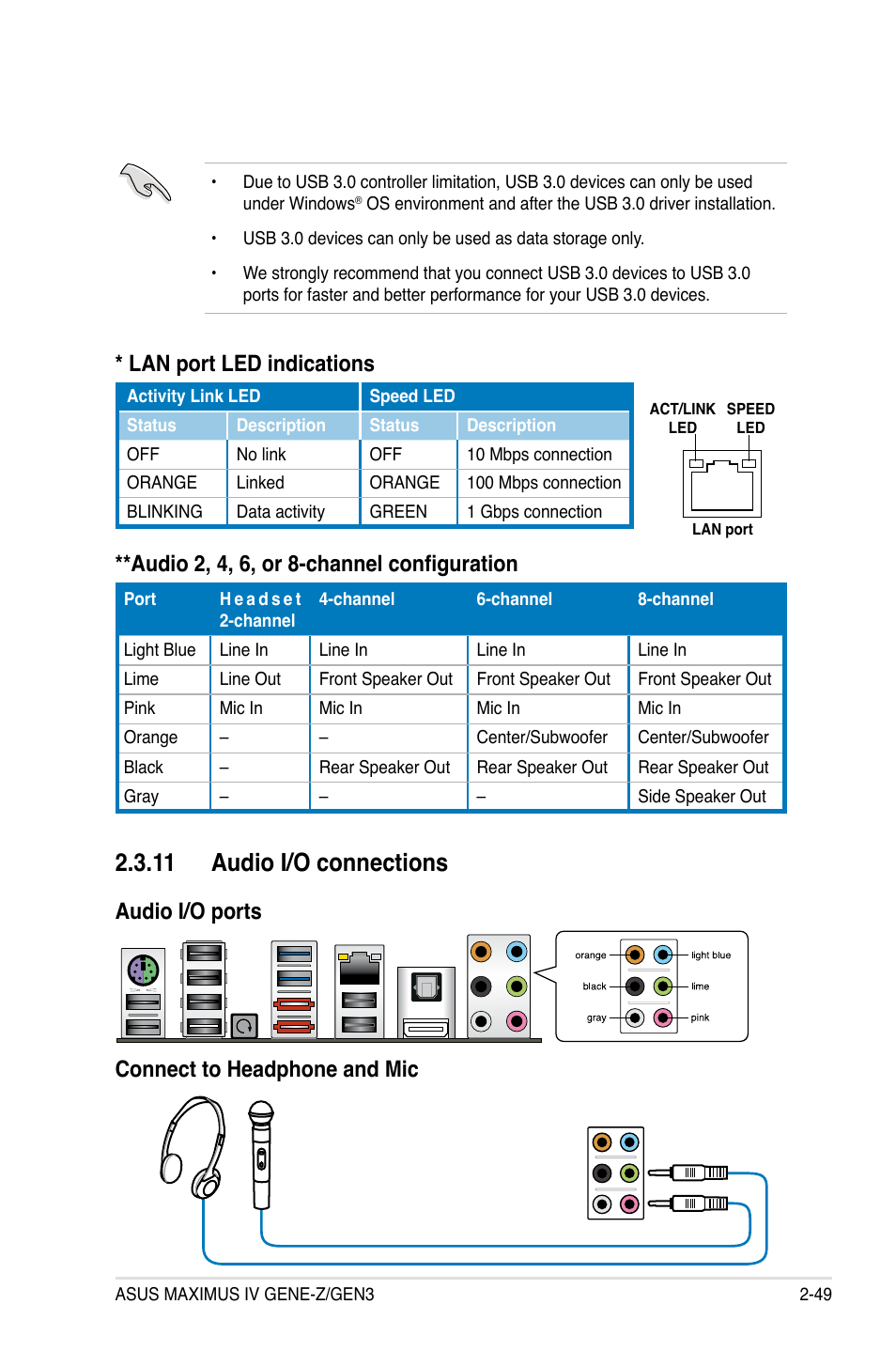 11 audio i/o connections, 11 audio i/o connections -49, Audio 2, 4, �, or 8-channel configuration | Lan port led indications, Audio i/o ports connect to headphone and mic | Asus Maximus IV GENE-Z/GEN3 User Manual | Page 81 / 192