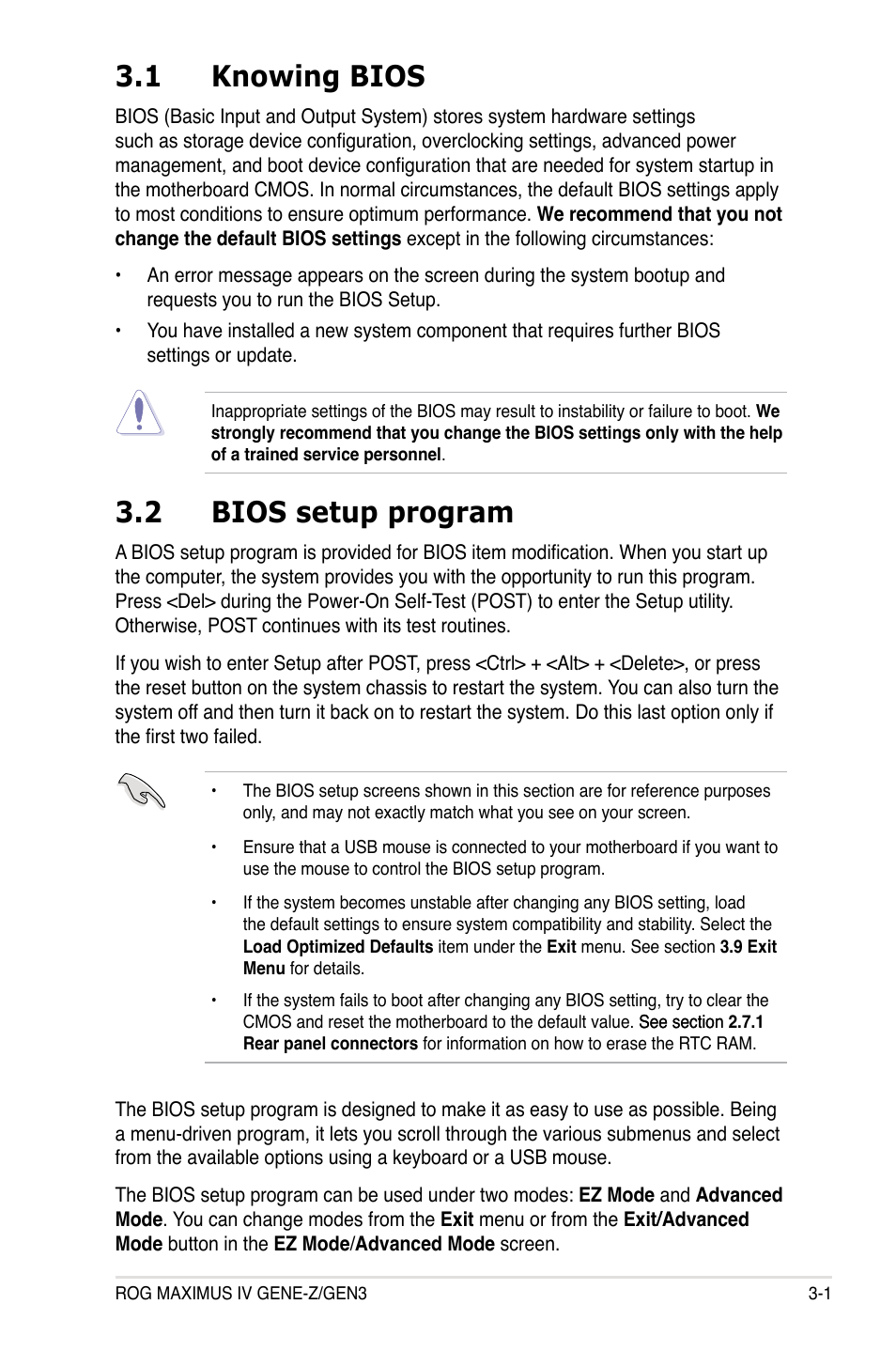 1 knowing bios, 2 bios setup program, Knowing bios -1 | Bios setup program -1 | Asus Maximus IV GENE-Z/GEN3 User Manual | Page 89 / 192