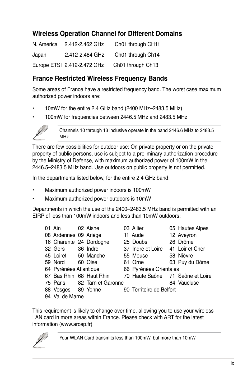 Wireless operation channel for different domains, France restricted wireless frequency bands | Asus Maximus IV GENE-Z/GEN3 User Manual | Page 9 / 192