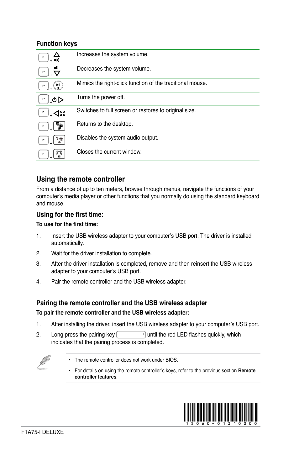 Using the remote controller | Asus F1A75-I DELUXE User Manual | Page 2 / 2