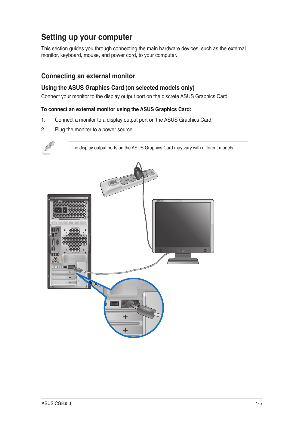 Setting up your computer, Setting up your computer -5, Connecting an external monitor | Asus CG8350 User Manual | Page 14 / 72