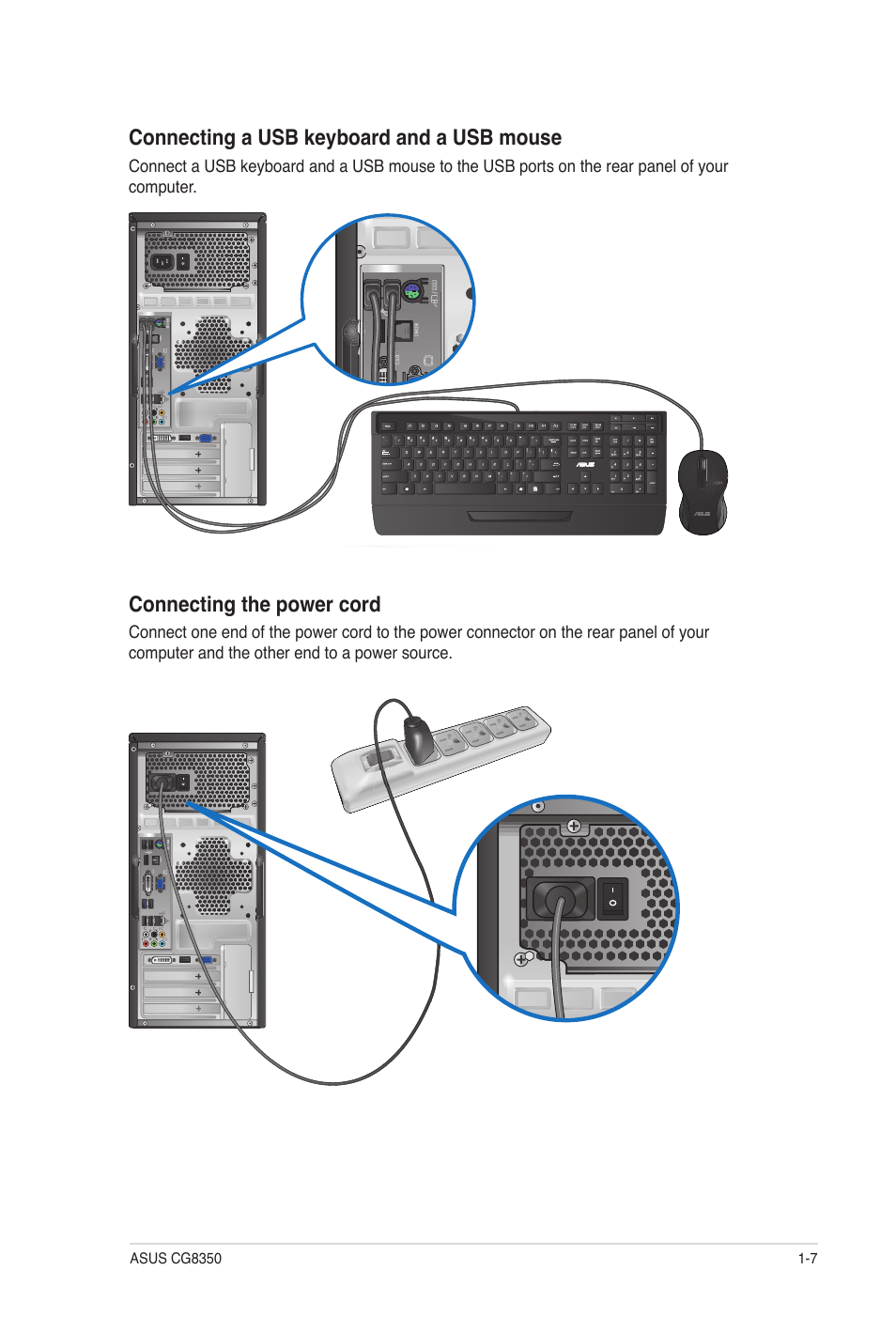 Connecting a usb keyboard and a usb mouse, Connecting the power cord | Asus CG8350 User Manual | Page 16 / 72