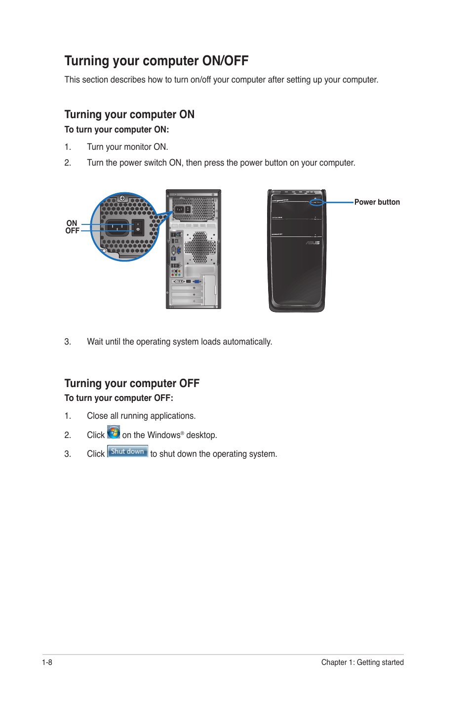 Turning your computer on/off, Turning your computer on/off -8, Turning your computer on | Turning your computer off | Asus CG8350 User Manual | Page 17 / 72