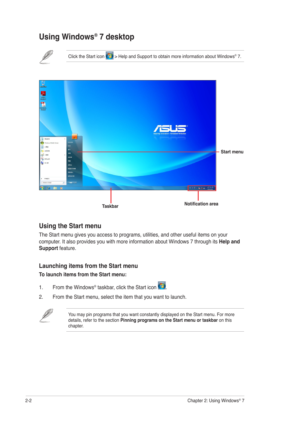 Using windows® 7 desktop, Using windows, 7 desktop -2 | 7 desktop, Using the start menu | Asus CG8350 User Manual | Page 19 / 72