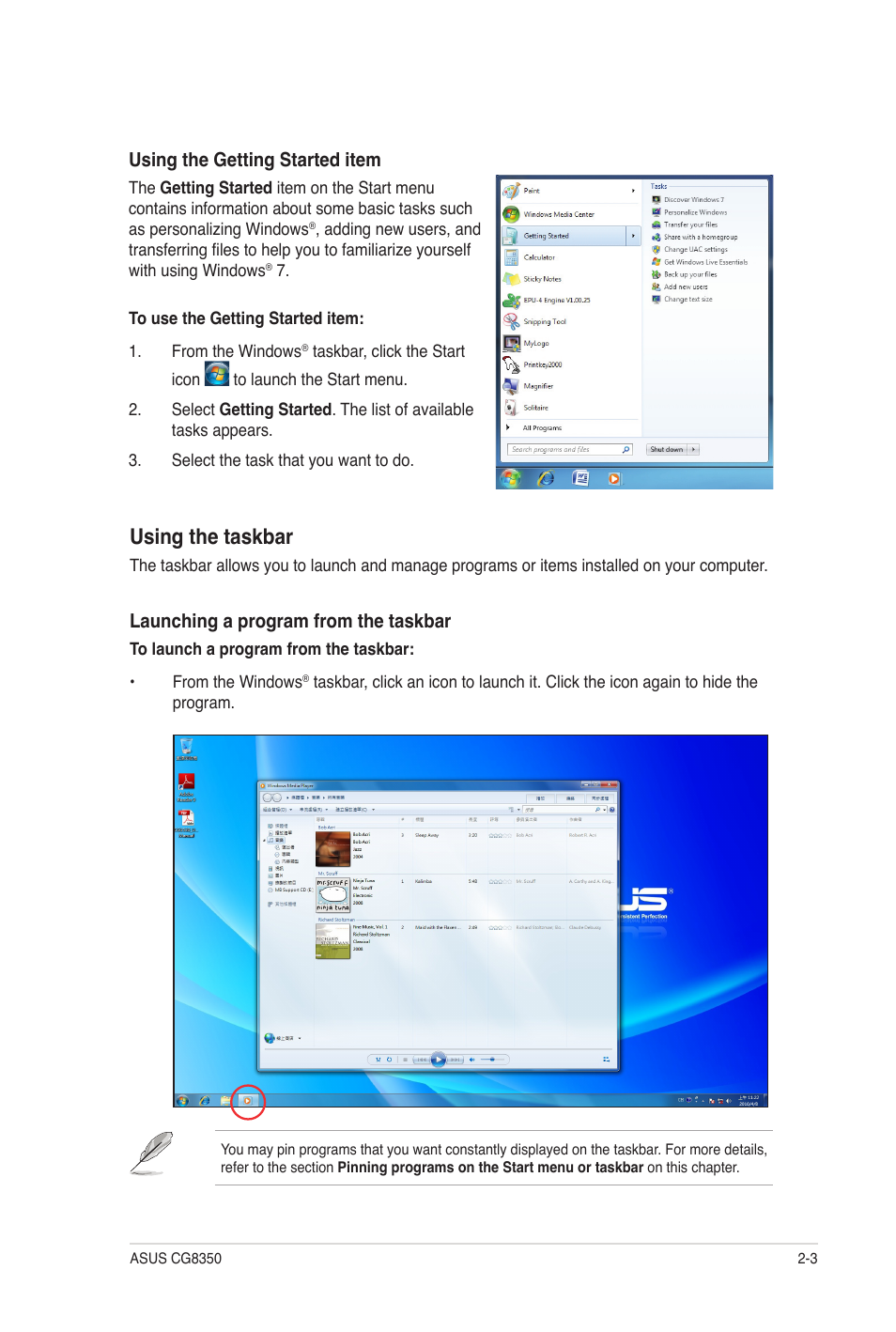 Using the taskbar | Asus CG8350 User Manual | Page 20 / 72