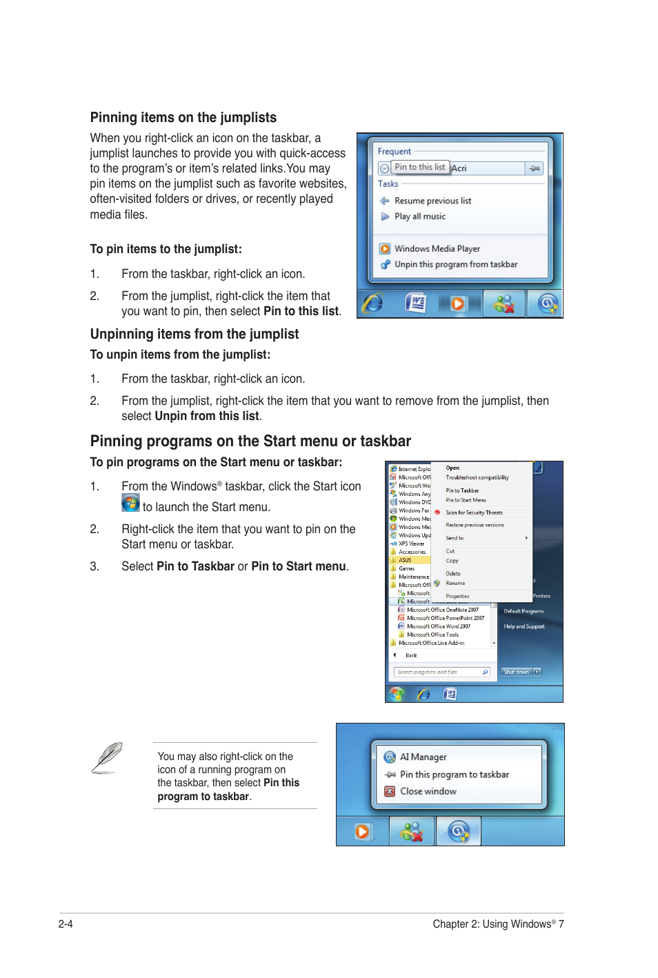 Pinning programs on the start menu or taskbar | Asus CG8350 User Manual | Page 21 / 72