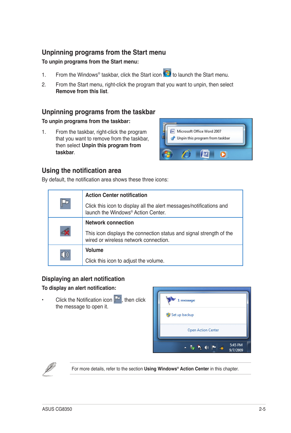 Unpinning programs from the start menu, Unpinning programs from the taskbar, Using the notification area | Asus CG8350 User Manual | Page 22 / 72