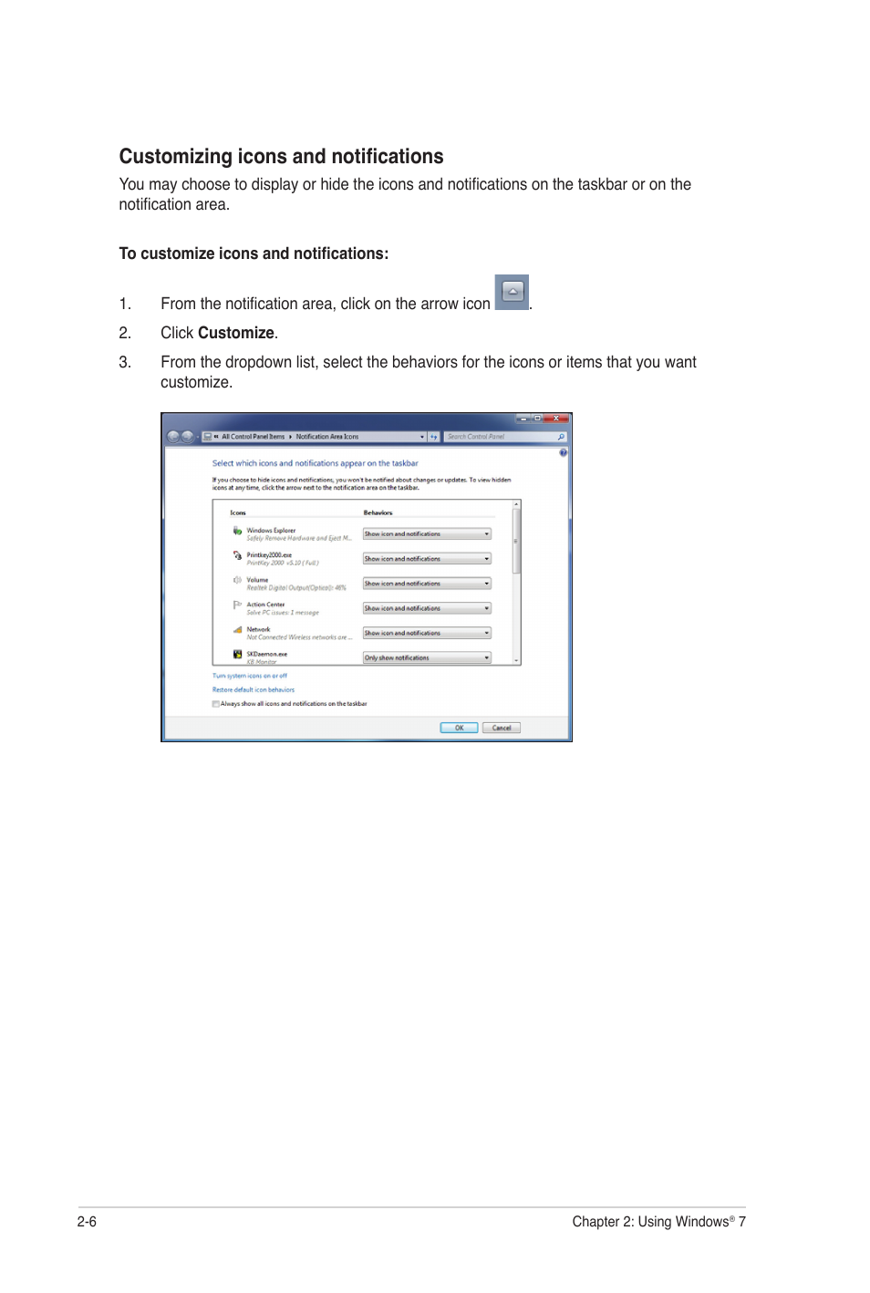 Customizing icons and notifications | Asus CG8350 User Manual | Page 23 / 72