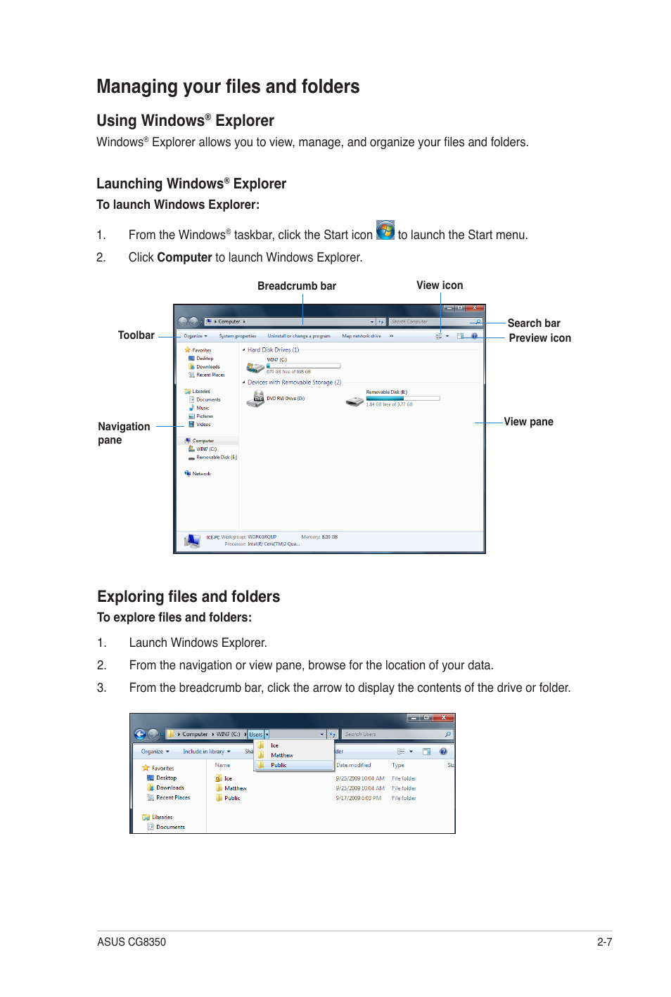 Managing your files and folders, Managing your files and folders -7, Using windows | Explorer, Exploring files and folders | Asus CG8350 User Manual | Page 24 / 72