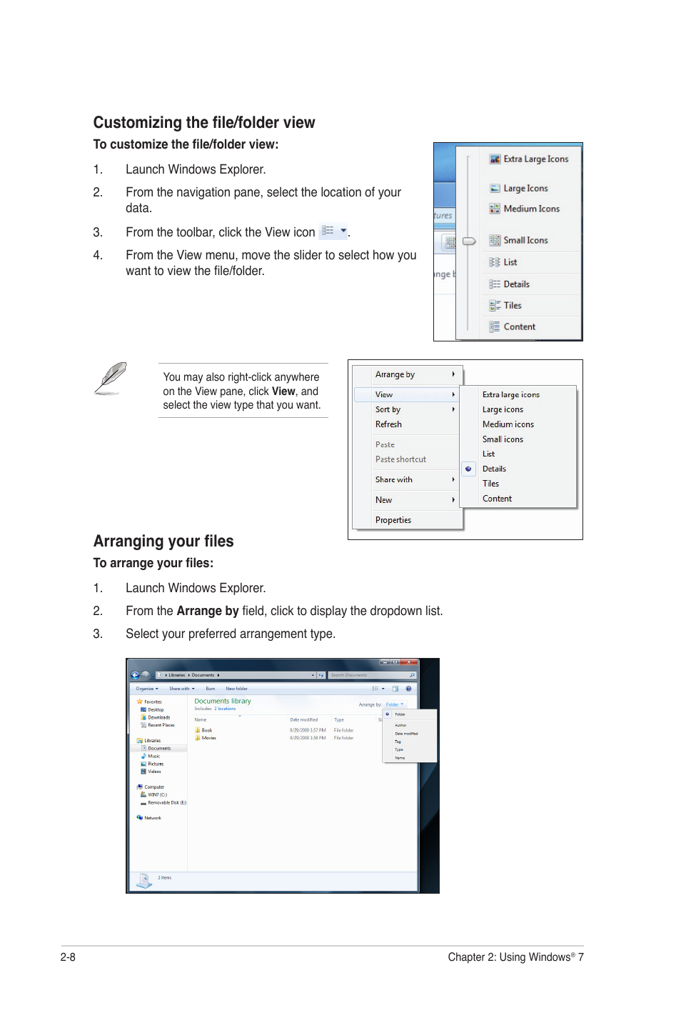 Customizing the file/folder view, Arranging your files | Asus CG8350 User Manual | Page 25 / 72