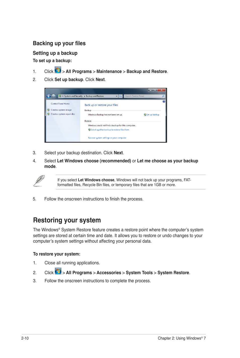 Restoring your system, Restoring your system -10, Backing up your files | Asus CG8350 User Manual | Page 27 / 72