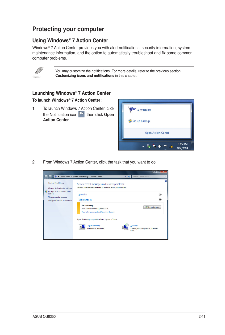 Protecting your computer, Protecting your computer -11, Using windows | 7 action center | Asus CG8350 User Manual | Page 28 / 72