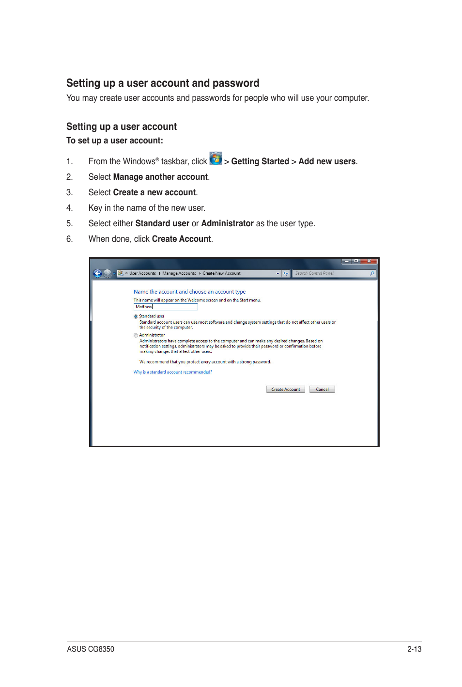 Setting up a user account and password | Asus CG8350 User Manual | Page 30 / 72