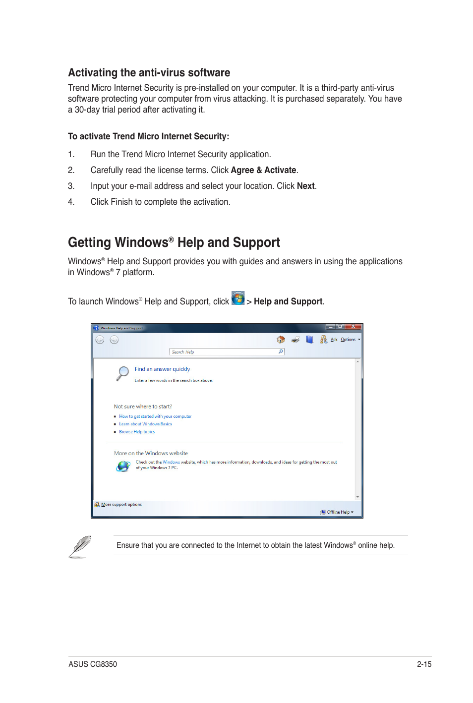 Getting windows® help and support, Getting windows, Help and support -15 | Help and support, Activating the anti-virus software | Asus CG8350 User Manual | Page 32 / 72