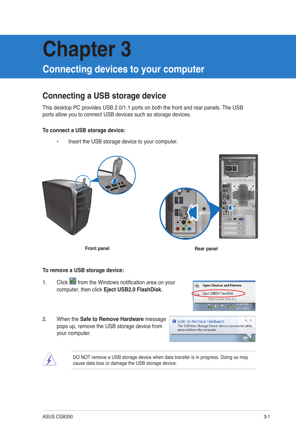 Chapter 3, Connecting devices to your computer, Connecting a usb storage device | Connecting a usb storage device -1 | Asus CG8350 User Manual | Page 33 / 72