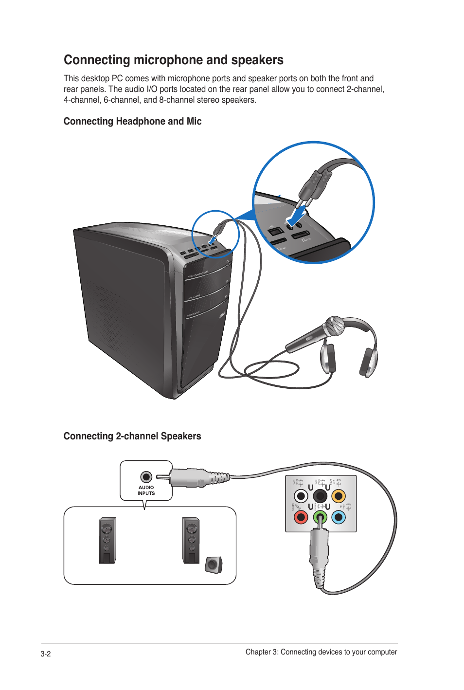 Connecting microphone and speakers, Connecting microphone and speakers -2 | Asus CG8350 User Manual | Page 34 / 72