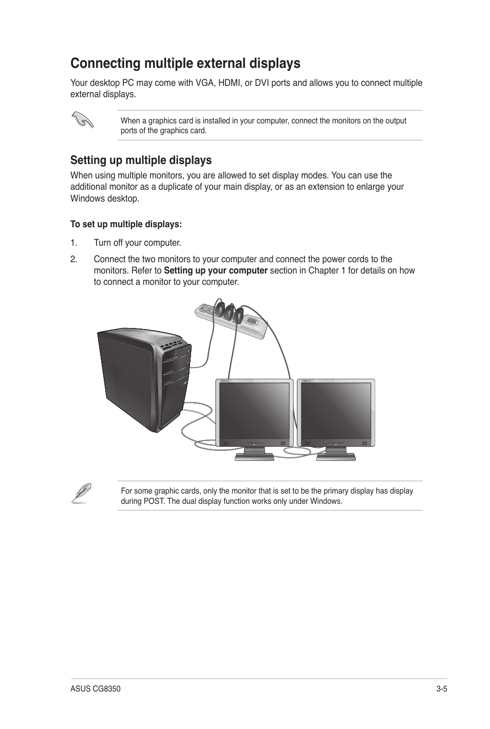 Connecting multiple external displays, Connecting multiple external displays -5, Setting up multiple displays | Asus CG8350 User Manual | Page 37 / 72