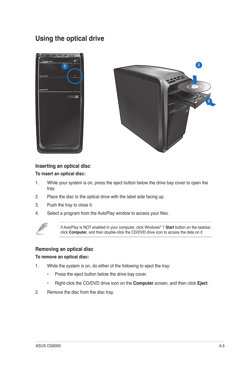 Using the optical drive, Using the optical drive -3 | Asus CG8350 User Manual | Page 42 / 72