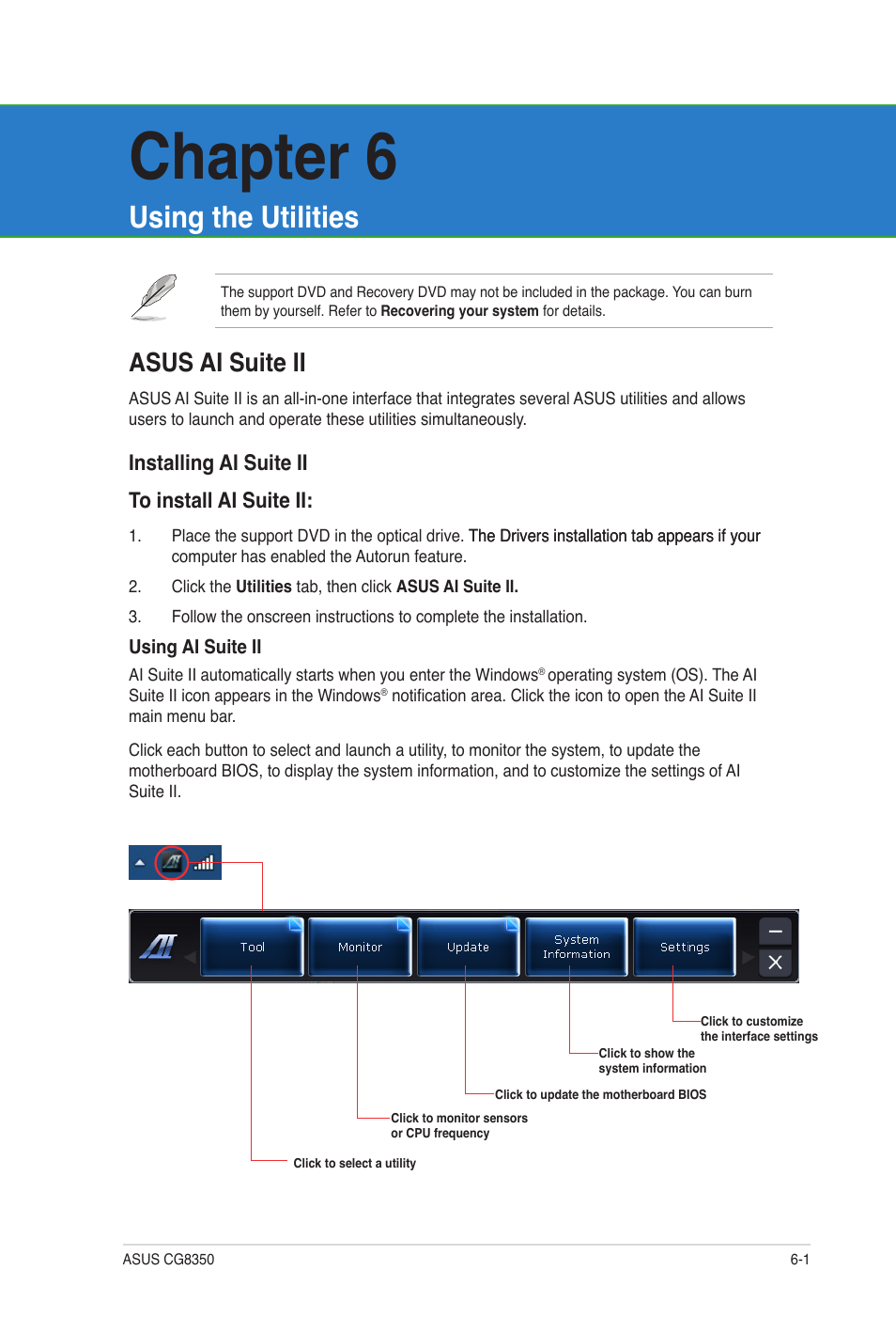 Chapter 6, Using the utilities, Asus ai suite ii | Asus ai suite ii -1, Installing ai suite ii to install ai suite ii | Asus CG8350 User Manual | Page 46 / 72